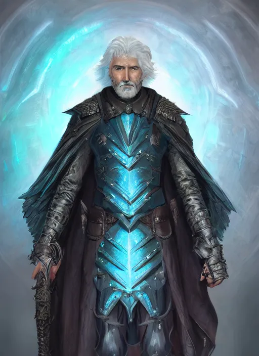 Prompt: An epic fantastic realism comic book style portrait painting of an aasimar hexblade warlock, teal energy, male, grand angel wings, silver hair, short beard, embers falling D&D Concept Art, unreal 5, DAZ, hyperrealistic, octane render, cosplay, RPG portrait, dynamic lighting