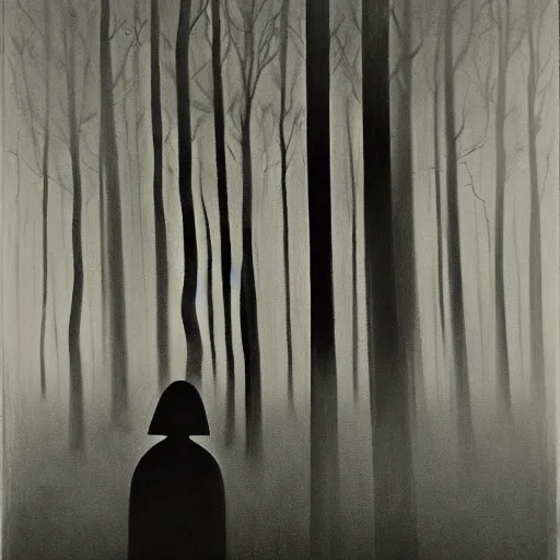 Image similar to a Stephen Gammell style black and white oil painting of a shadowy figure standing in a clearing in the middle of a dark forest