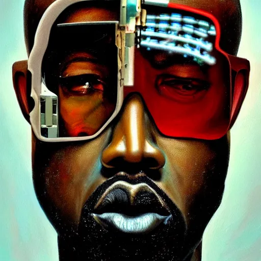 Image similar to a realistic oil painting of a cybernetic kanye west cyborg, surrealism portrait, close up