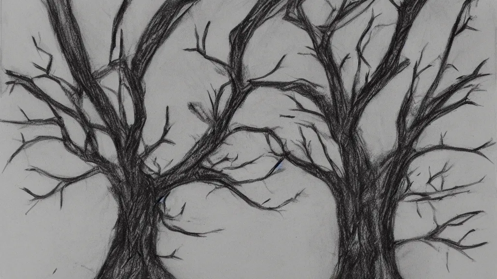 Prompt: a Charcoal sketch of a tree of eyes