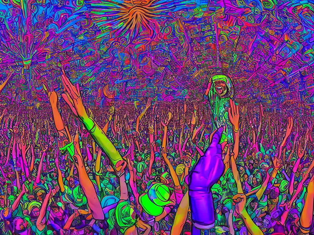 Image similar to rapping on stage at festival, holding microphone, giant crowd, epic angle, happy, psychedelic, hip hop, surreal, neon, vaporwave, detailed, illustrated by Alex Grey, 4k