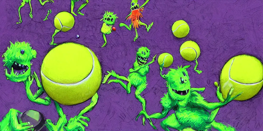 Image similar to tennis ball monsters playing on a tennis court, purple, digital art, fantasy, magic, chalk, chalked, trending on artstation, ultra detailed, detailed, fine details, professional illustration by basil gogos