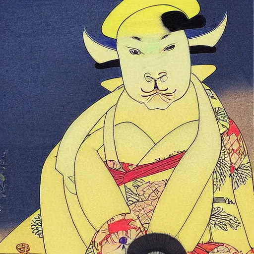 Image similar to A beautiful computer art of a creature that is neither man, nor beast. Ukiyo-e, pastel yellow by Karen Wallis fine