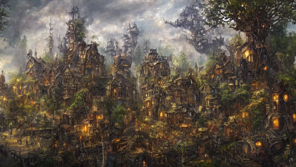 Prompt: A steampunk village nestled in the branches of a gigantic tree, highly detailed oil painting, epic fantasy art, abstraction, masterpeice, 8k