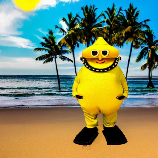 Prompt: 5 0 mm photograph, of a real anthropomorphic lemon character, with lemon skin texture, it is wearing a hat and scuba diving suit, building a sandcastle on the beach at sunset, beach, huge waves, sun, clouds, tropical trees, rim light, cinematic photography, professional, sand, sandcastle, volumetric lightening