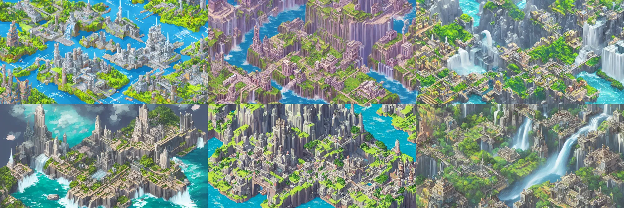Prompt: isometric fantasy art of a giant waterfall city with tall skybridges and turrets, muted colors, detailed, 4K, by studio ghibli