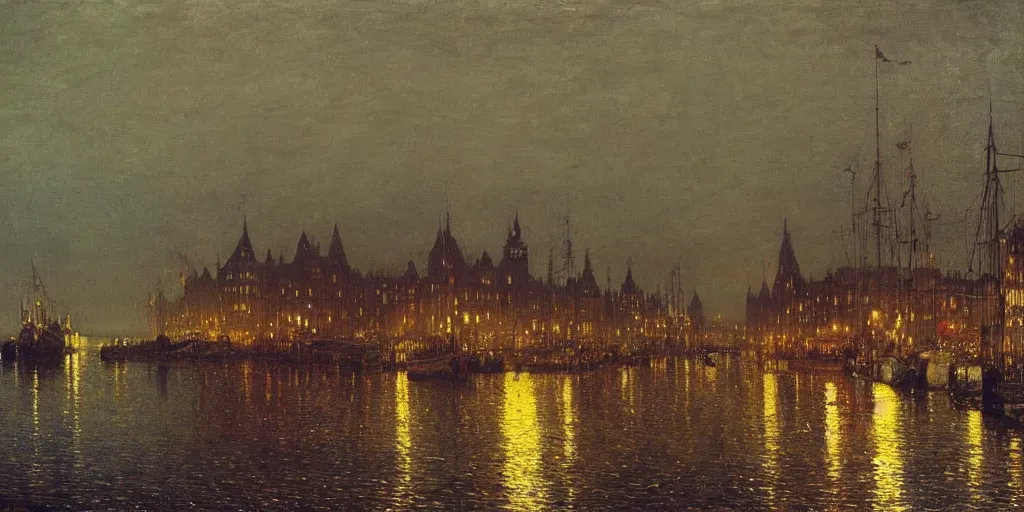 Prompt: Victorian harbour night, A beautiful painting of john atkinson grimshaw, autumn