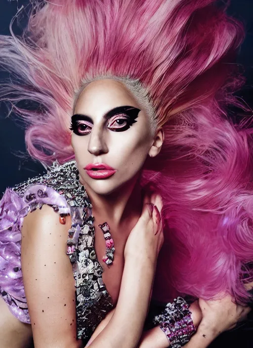 Image similar to lady gaga styled by nick knight posing, chromatica album inspired, photohoot, set pieces, intricate set, vogue magazine, canon, highly realistic. high resolution. highly detailed. dramatic. 8 k. 4 k.