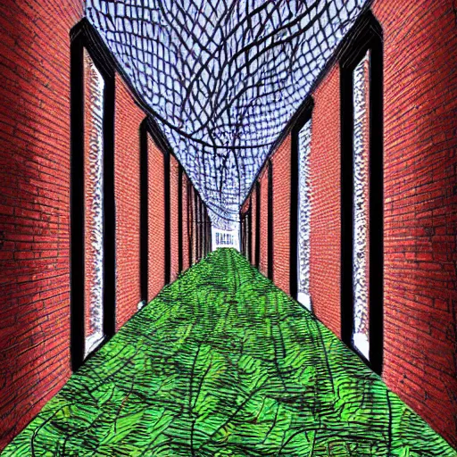 Prompt: a narrow brick alleyway lit with a streetlight, covered in vines, digital painting, hyperrealistic