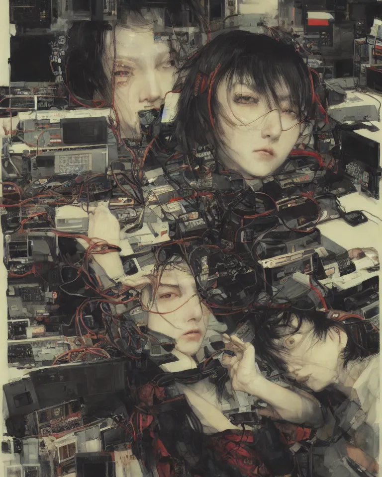 Image similar to portrait of lain iwakura, background room full of cables and computers by yoshitoshi abe, ruan jia and joao ruas. atmospheric