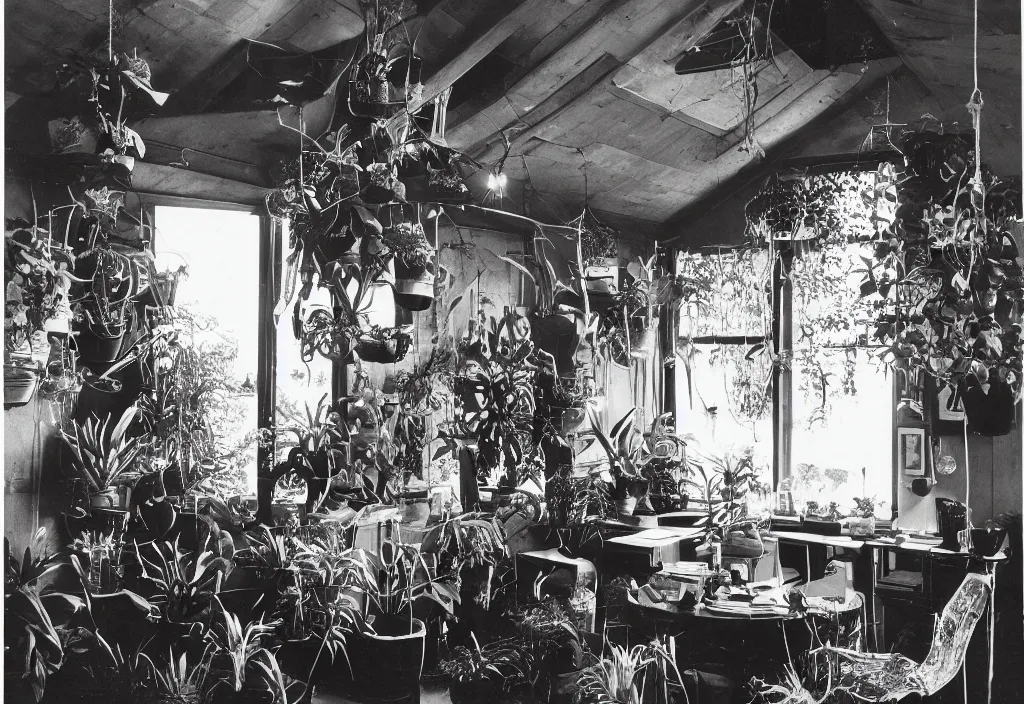 Prompt: 1970s interior magazine photo of a witchcore office with candles, wooden walls with framed occult art, and a potted cactus and some hanging plants, with natural dappled light coming in through a circular window, in an attic