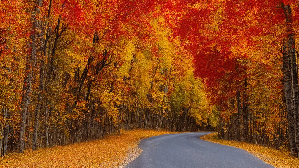 Prompt: a photograph of a country ( road )! lined on both sides by maple and poplar trees, in the autumn, red orange and yellow leaves, some leaves have fallen and are under the trees and on the road