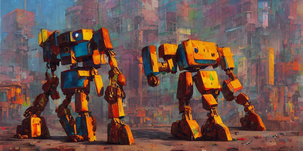 Image similar to colourful - damaged - giant mecha ROBOT of AJEGUNLE SLUMS in Lagos, markings on robot, Golden Hour, painting by Hsiao-Ron Cheng,