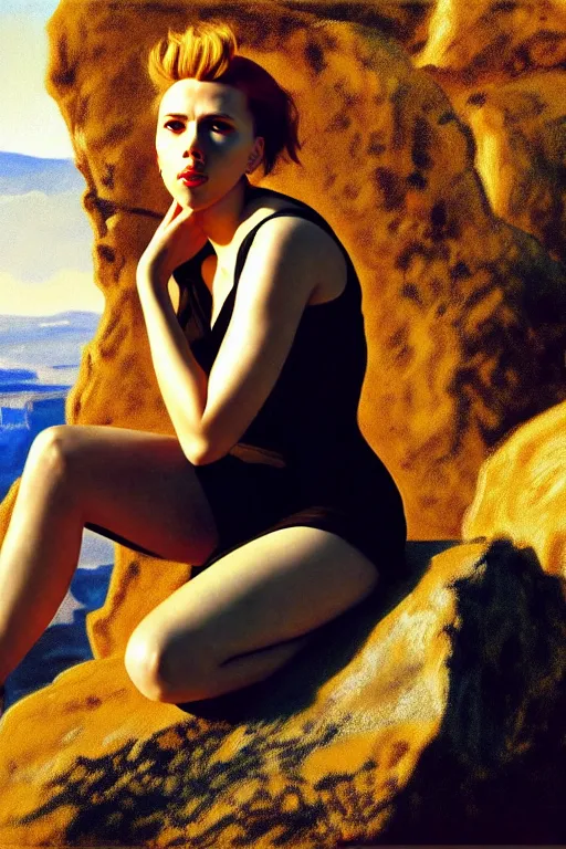 Image similar to portrait of scarlett johansson sitting with full face full figure on a rock near some ruins, in the style of expressionism, soft light, volumetric light, subsurface scattering, translucent skin, john singer sargent