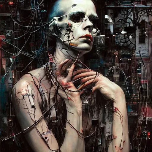 Image similar to in a dark room, a male cyberpunk hacker, skulls, wires cybernetic implants, machine noir steelpunk grimcore, in the style of adrian ghenie esao andrews jenny saville surrealism dark art by james jean takato yamamoto and by ashley wood