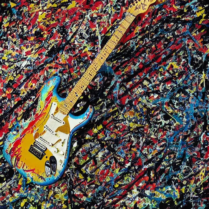 Prompt: “Fender Stratocaster painted by Jackson Pollock.”