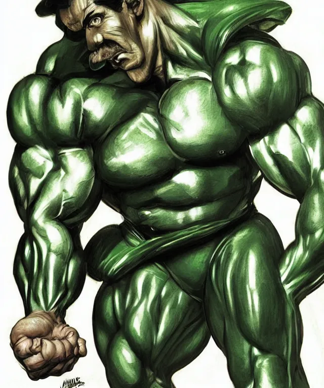 Image similar to muscular luigi wearing a green jumpsuit pumping iron in a dingy gym by ilya kuvshinov, bodybuilder ernest khalimov, super mario bros symmetrical face concept art, hyper realistic, intricate, elegent, highly detailed, digital painting, concept art, smooth, sharp, focus, illustration, art by artgerm and greg rutkowski and alphonse mucha, artstation