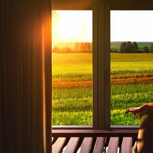 Prompt: a person looking out of her small front porch seeing a large field in the countryside, photorealistic, cozy, sunrise