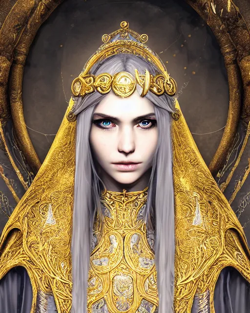 Image similar to highly detailed sharp photorealistic portrait of a beautiful female priestess with shimmering hair, symmetrical face and eyes, dressed in intricate silk, lined with golden glowing georgian words, cgsociety, Elden Ring, Dark Souls, Bloodborne