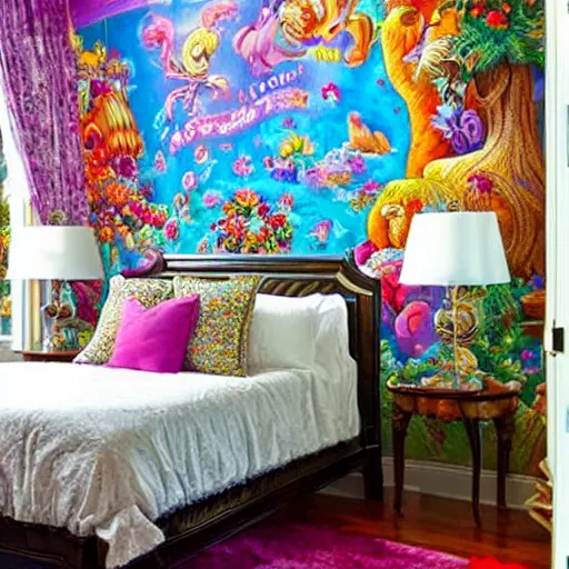 Image similar to a cozy bedroom decorated in wall to wall Lisa Frank murals, ornate, detailed, high resolution, wow!, intricate