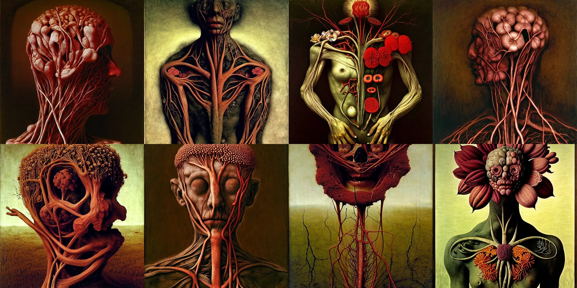 Prompt: a flower made of veins and muscle tissue growing from the earth, elegant, dark, by ambrosius benson and beksinski, a touch of giuseppe arcimboldo, realistic, renaissance