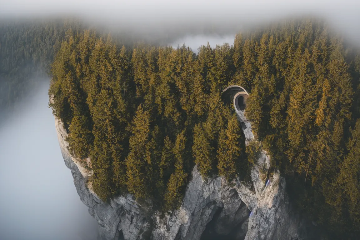 Image similar to Ellipse-shaped building with rounded windows, built on a large cliff near a coniferous forest. A thin stone bridge goes over the cliff. View from afar, fog, 8k, 16k, architecture photo, high details