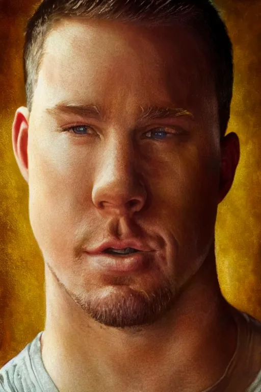 Image similar to channing tatum made out of a tater tot, oil on canvas, intricate, portrait, 8 k highly professionally detailed, hdr, cgsociety