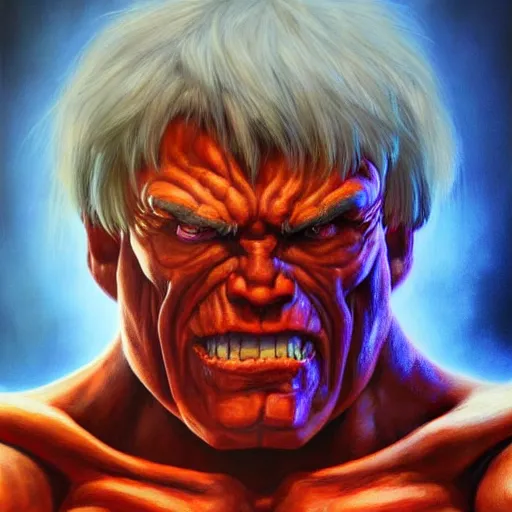 Prompt: a hyperrealistic acrylic portrait painting of an evil he - man by artgerm and beksinski. epic fantasy art. cyberverse background. renderman render