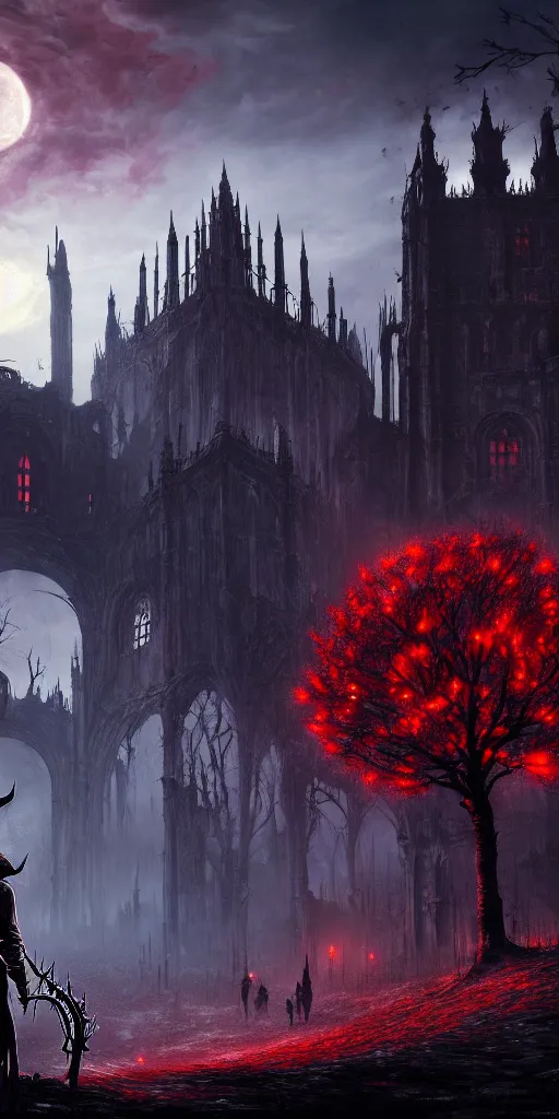 Image similar to populated bloodborne old valley with a obscure person at the centre and a ruined gothic city in the background, trees and stars in the background, falling red petals, epic red - orange moonlight, perfect lightning, wallpaper illustration by niko delort and kentaro miura, 4 k, ultra realistic