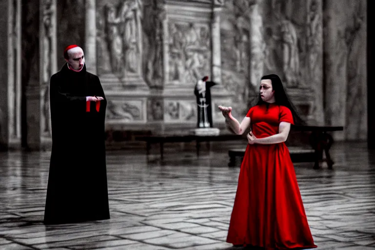 Prompt: dramatic scene of disturbed face of a priest performing an exercism on a girl with long black hair wearing a red dress at the vatican, spooky atmosphere, 3 5 mm, horror movie, hyper detailed, 8 k