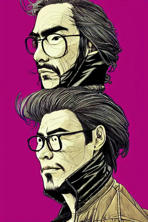 Image similar to 1 9 8 9 portrait of hiroyuki sanada in a leather jacket. highly detailed masterpiece art by josan gonzalez.