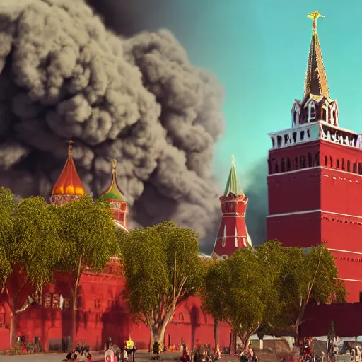 Image similar to huge explosion in Red Square Kremlin in the form of cotton plant, clubs of smoke are cotton plants, beautiful dynamic lighting, cinematic, establishing shot, extremely high detail, photo realistic, cinematic lighting, post processed, concept art, artstation, matte painting, style by frederic church, raphael lacoste, unreal engine 8k