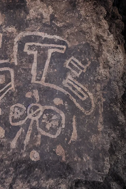 Image similar to 4 k photography of petroglyphs representing crosses, ufo, yin yang symbol on a cave