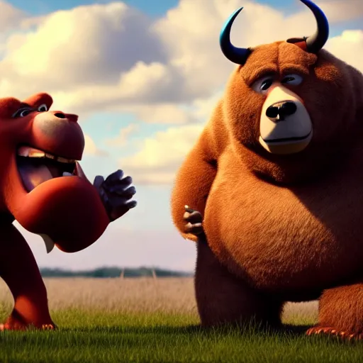 Prompt: anthropomorphic bear fighting an anthropomorphic bull, Pixar style, movie still, render, 8k
