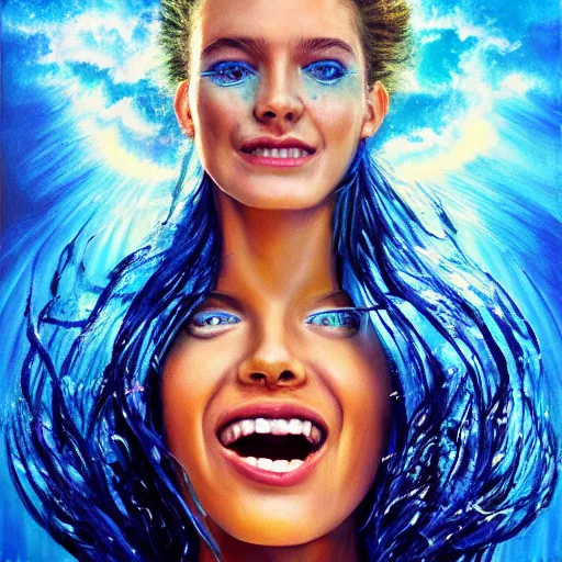 Prompt: sci - fi, morning, smiling fashion model face, sun, cinematic, clouds, sun rays, vogue cover style, poster art, blue mood, realistic painting, intricate oil painting, high detail illustration, figurative art, multiple exposure, poster art