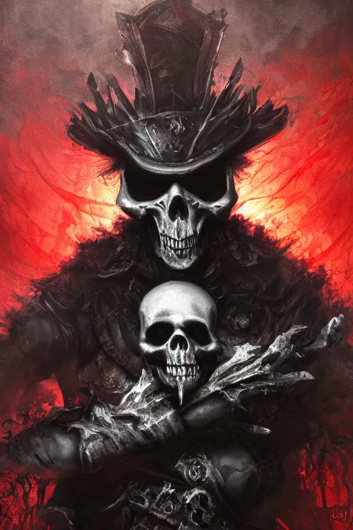 Image similar to the ghost - spirit of the grim - hatter wears the scarlet skull armor and blood crown, midnight fog - mist!, dark oil painting colors, realism, cinematic lighting, various refining methods, micro macro autofocus, ultra definition, award winning photo