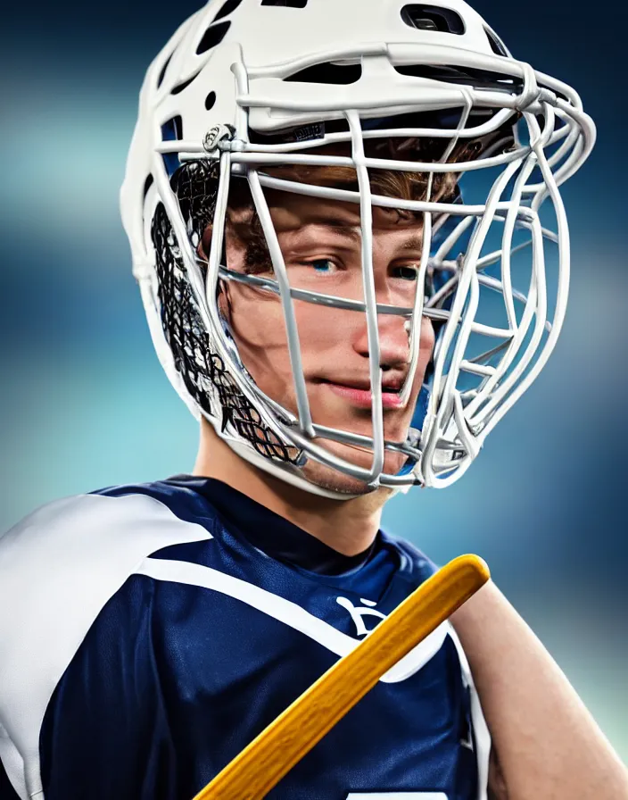 Prompt: closeup portrait of very beautiful cute male lacrosse player wearing a cascade xrs lacrosse helmet in a penn state stadium, glamour pose, particle effects, backlit, highly detailed, soft ambient lighting, sharp focus, rule of thirds, artgerm, wlop, arney freytag, rossdraws, frank frazetta, andrei riabovitchev, hd, octane, 4 k