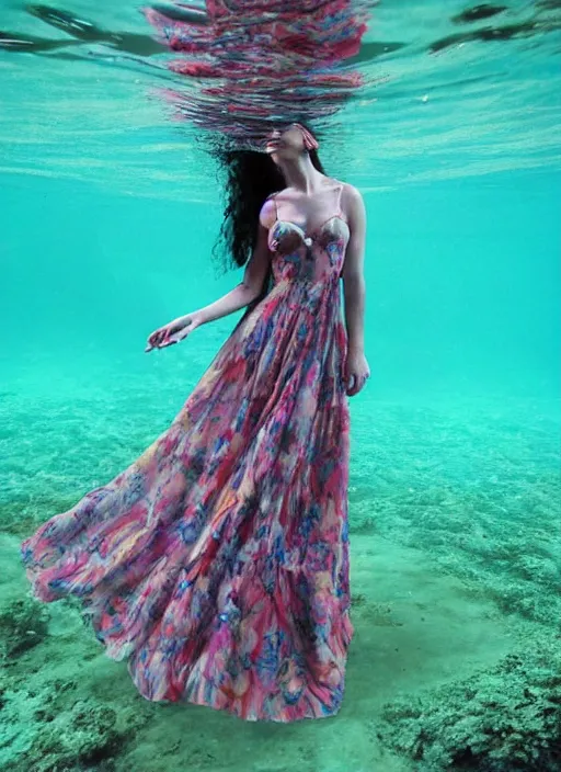 Prompt: long and wide feminine dress underwater together with some flowers, by art kane