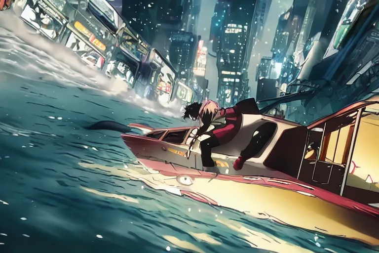 Image similar to Anime Cyberpunk Speedboat going Full speed, movie still, speed, cinematic Panavision 5384 film