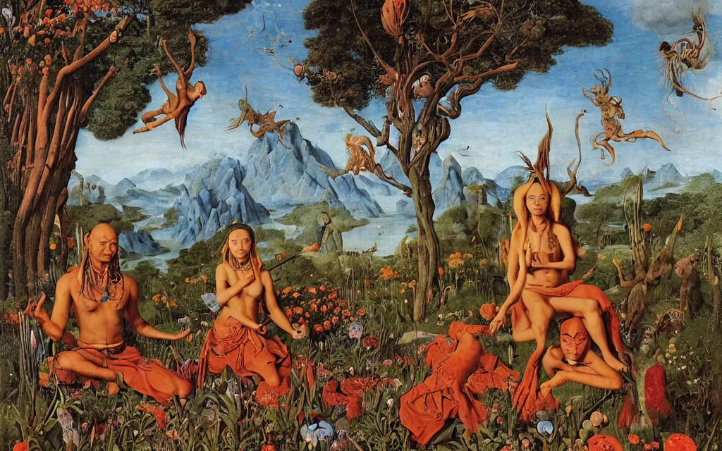 Image similar to a portrait photograph of a meditating shaman and a centaur monk riding a harpy and hunting at a river delta. surrounded by bulbous flowers and trees. mountain range under a blue sky of fiery stars. by jan van eyck, max ernst, ernst haeckel, ernst fuchs and artgerm, cgsociety, fashion editorial, 8 k