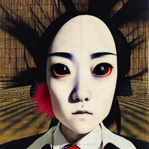 Image similar to yoshitaka amano blurred and dreamy realistic portrait of a woman with white hair and black eyes wearing dress suit with tie with head turned to the side, junji ito abstract patterns in the background, satoshi kon anime, noisy film grain effect, highly detailed, renaissance oil painting, weird portrait angle, blurred lost edges, three quarter angle