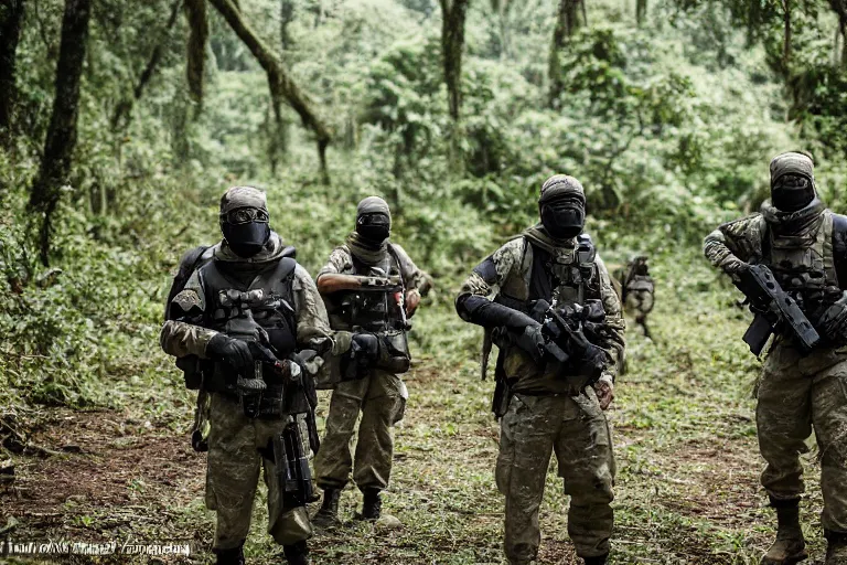 Image similar to Mercenary Special Forces soldiers in grey uniforms with black armored vest in a battlefield in the jungles 2022, Canon EOS R3, f/1.4, ISO 200, 1/160s, 8K, RAW, unedited, symmetrical balance, in-frame, combat photography