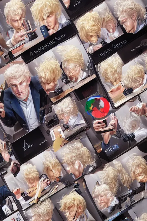 Image similar to painting of a middle aged austrian man with blonde hair sitting at his work desk with ten smartphones turned on, by artgerm and yoshitaka amano, trending on artstation