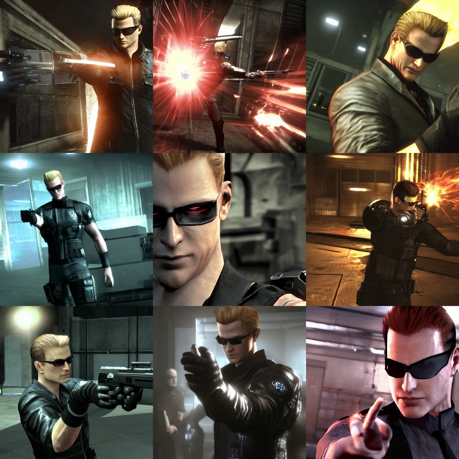 Prompt: ps 4 game screenshot of albert wesker in resident evil 5 shooting lighting out of his fingers