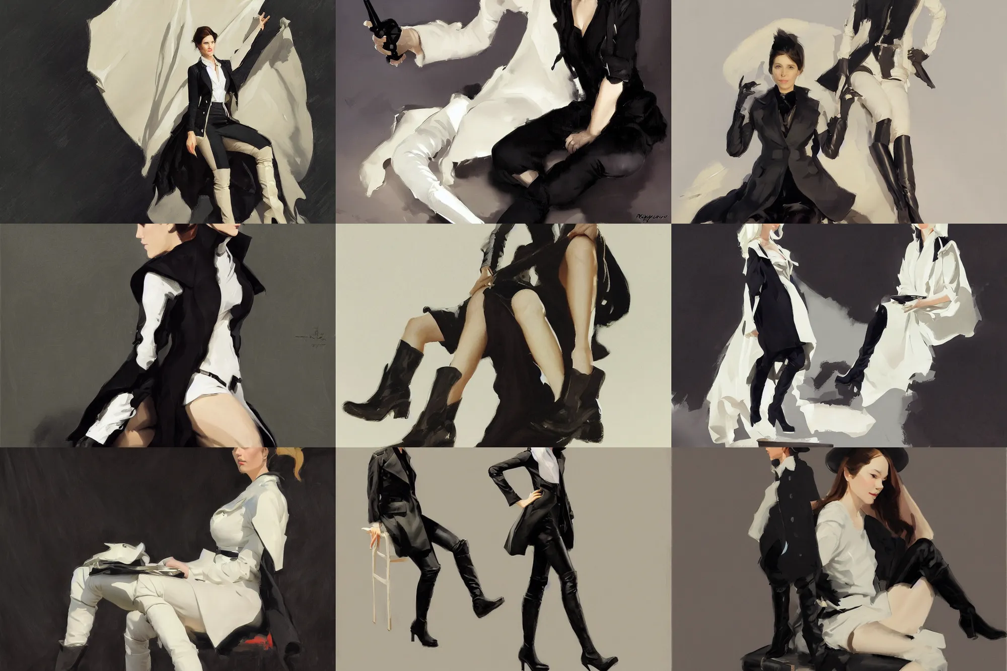 Image similar to black white cloth fabric jodhpurs knee high boots travel coat fashion, portrait in sitting pose, greg manchess painting by sargent and leyendecker, studio ghibli, fantasy, asymmetrical, intricate, elegant, matte painting, illustration, hearthstone, by greg rutkowski, by greg tocchini, by james gilleard, by joe fenton