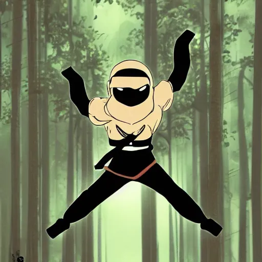 Image similar to a ninja in a moody forrest jumping, anime, steampunk, insanley detalied