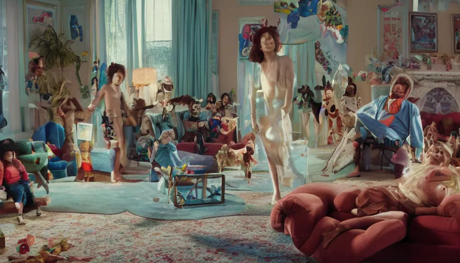 Prompt: movie still by alejandro jodorowsky of a beautiful day in a family living room in suburban usa, visible magic energy, dream creature costumes, floating planets, fish, parade floats, cinestill 8 0 0 t eastmancolor technicolor, high quality, very detailed, heavy grain, fine facial features, 8 k, octane render