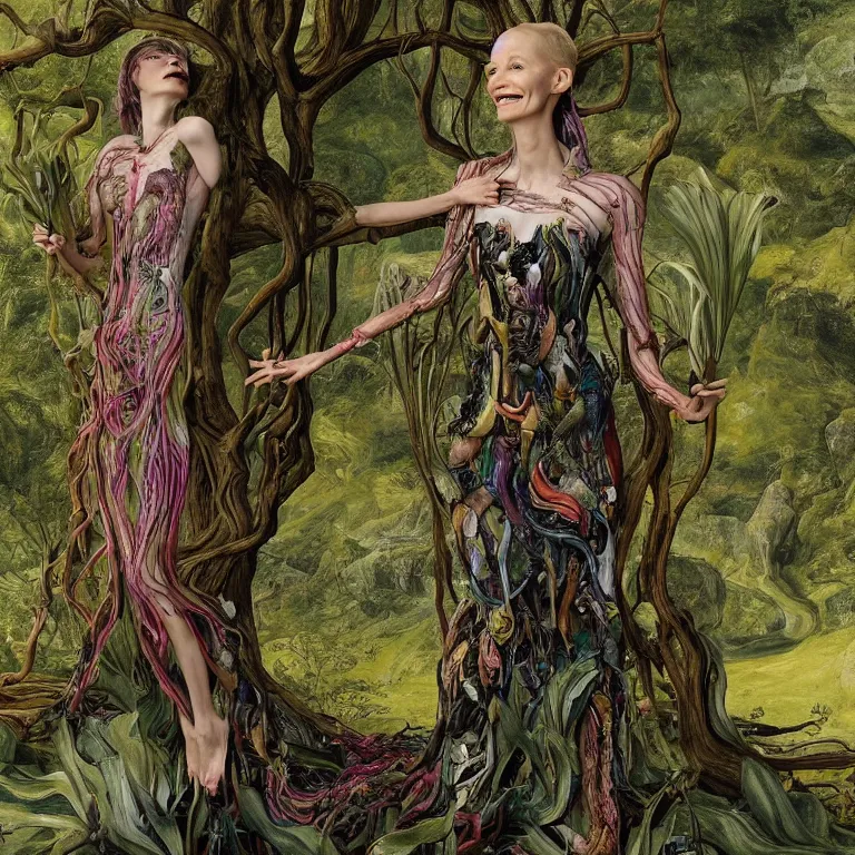 Prompt: a grinning dryad cate blanchet, who looks like a cybernetic alien stands pround in the middle of a river valley. around her are tropical birds and orchids and she is wearing an iris van herpen dress. painted by jan van eyck, egon schiele and max ernst, trending on artstation, 8 k, award winning, high octane