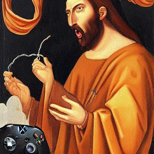 Image similar to 16th century painting of angry looking Jesus with a headset on holding a xbox controller playing a videogame