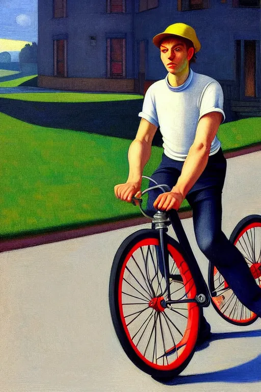 Image similar to young man riding a bicycle with a colorful energy, in the style of edward hopper, solarpunk, atmospheric, clean, intricate and epic composition, gray by caravaggio, insanely quality, highly detailed, masterpiece, white light, artstation, 4 k